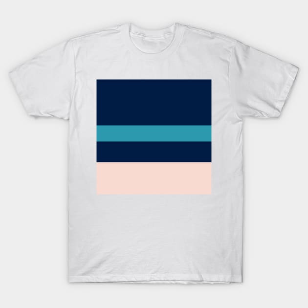 A shocking compound of Navy, Deep Sea Blue, Christmas Blue, Pale Cyan and Champagne Pink stripes. T-Shirt by Sociable Stripes